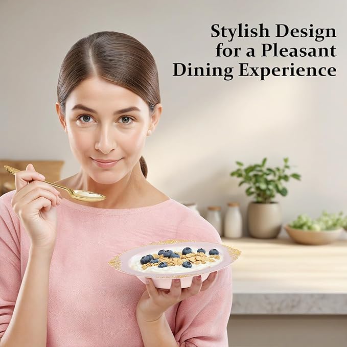 Nervure 50PCS Pink Plastic Bowls with Gold Rim - 12oz Disposable Soup Bowls, Heavy Duty Salad Ice Cream Bowl Perfect For Weddings, Parties and Everyday Use