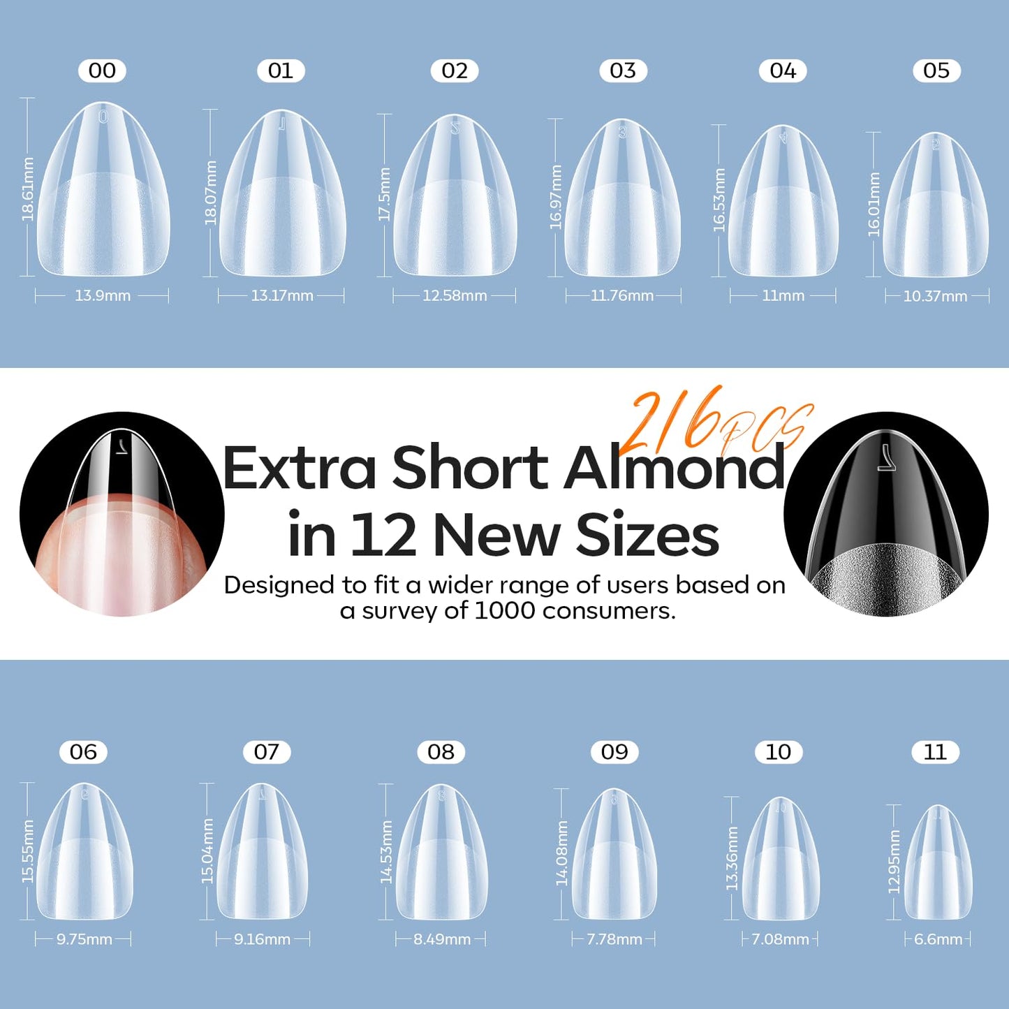 modelones Extra Short Almond Gel Nail Tips Kit, 9-in-One Nail Glue with Portable U V Lamp 216Pcs 12Sizes Pre-Etched Press ons Fake Acrylic Extension Kit DIY Salon Gift for Women-BrightBean Baby