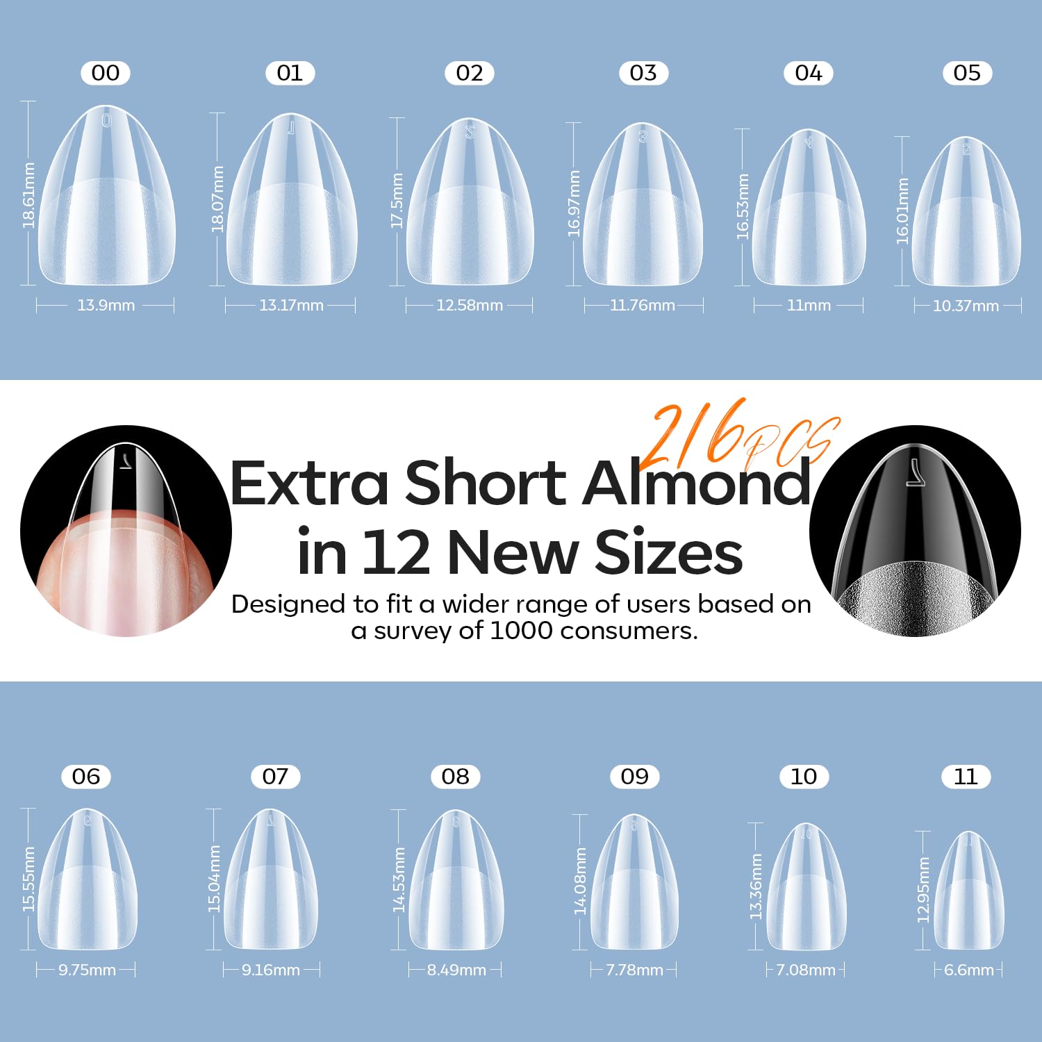 modelones Extra Short Almond Gel Nail Tips Kit, 9-in-One Nail Glue with Portable U V Lamp 216Pcs 12Sizes Pre-Etched Press ons Fake Acrylic Extension Kit DIY Salon Gift for Women-BrightBean Baby