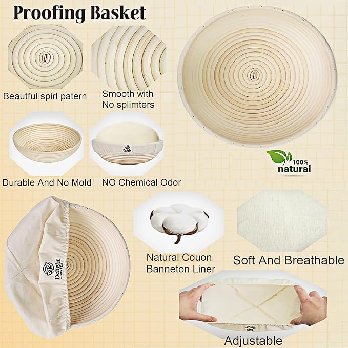 Complete Sourdough Starter Kit with 9" Rattan Banneton & 40oz Glass Jar - Bread Baking Supplies Set Includes Dough Whisk, Lame, Acacia Wood Spatula - Gift Set by Delight Source