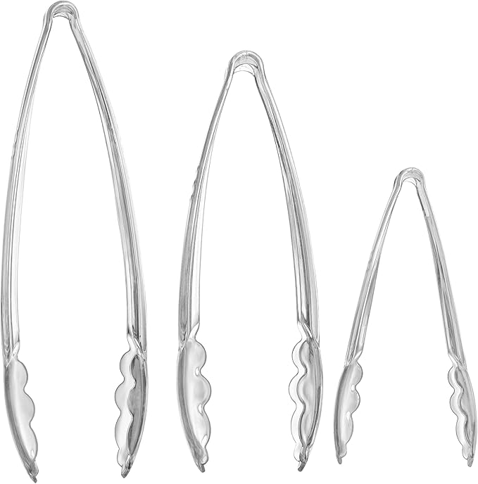 PlasticPro Clear Serving Tongs Combo Set - 4 Each of 7.5'', 9'', 12'' Heavy Duty Reusable Kitchen and BBQ Tongs for Parties, Caterings, Events, Buffet, Weddings - Pack of 12