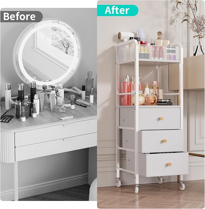 HapiRm Rolling Makeup Cart Organizer - Floor Skincare Make Up Storage with 3 Drawers, Vanity Organizer Cosmetic Display Cases Holder for Skin Care Perfume Nail Polish Brush Hair Tool, White-BrightBean Baby