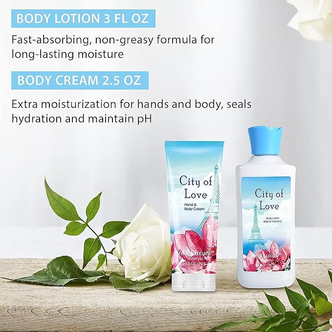 Bath & Body Kit - Body Lotion, Shower Gel, Body Cream, and Fragrance Mist, 3 Fl Oz each, in City of Love, Ideal Skincare Gift Home Spa Set for luxurious indulgence-BrightBean Baby