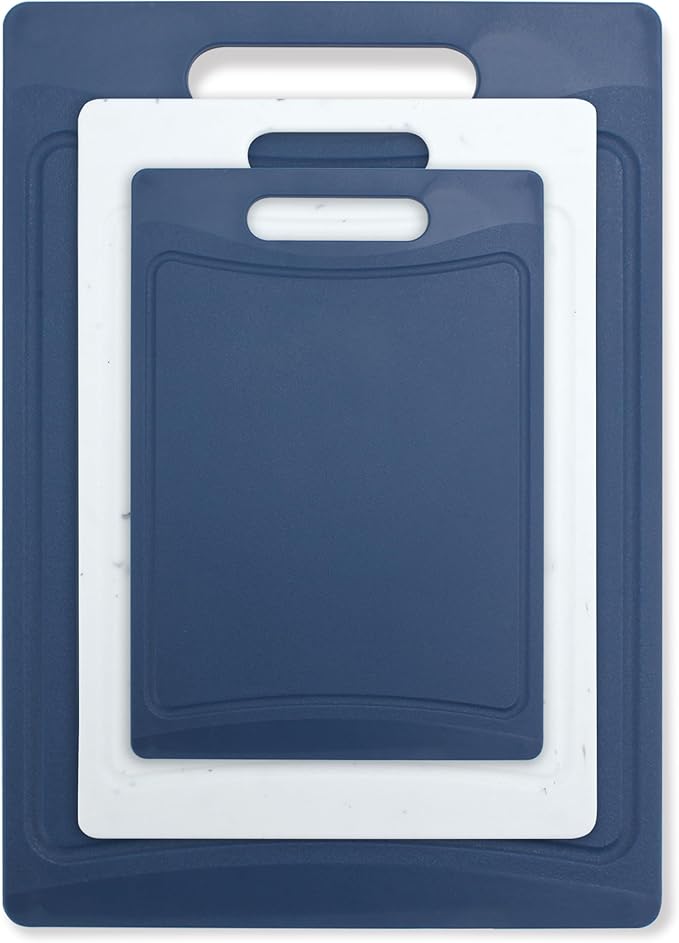 COOK WITH COLOR Non-Slip Cutting Board Set – Kitchen Essentials with Easy Grip Handle for Meat, Veggies, and Fruits, 3 Cutting Boards, Blue and White Marble