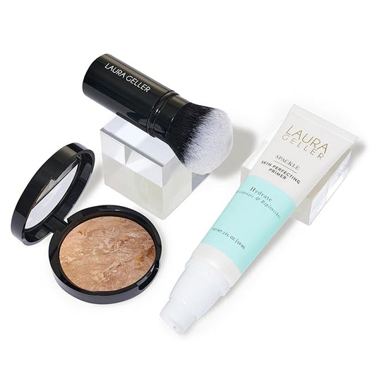 LAURA GELLER NEW YORK Laura's Must-Haves Kit 3pc: Baked Balance-n-Brighten Powder Foundation, Medium + Spackle Skin Perfecting Makeup Primer, Hydrate + Airbrush Round Kabuki Brush-BrightBean Baby