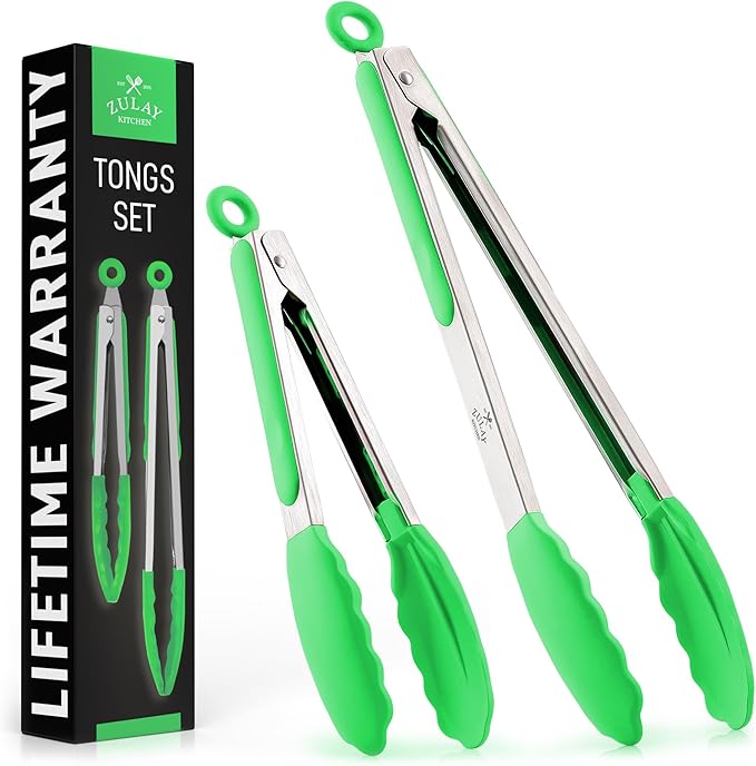 Zulay Stainless Steel Kitchen Tongs with Silicone Tips - Set of 2 (9” & 12”) Locking Cooking Tongs with Non-Slip Grip - Heat Resistant, BBQ Food Tongs for Non-Stick Cooking Pans (Silver/Light Green)