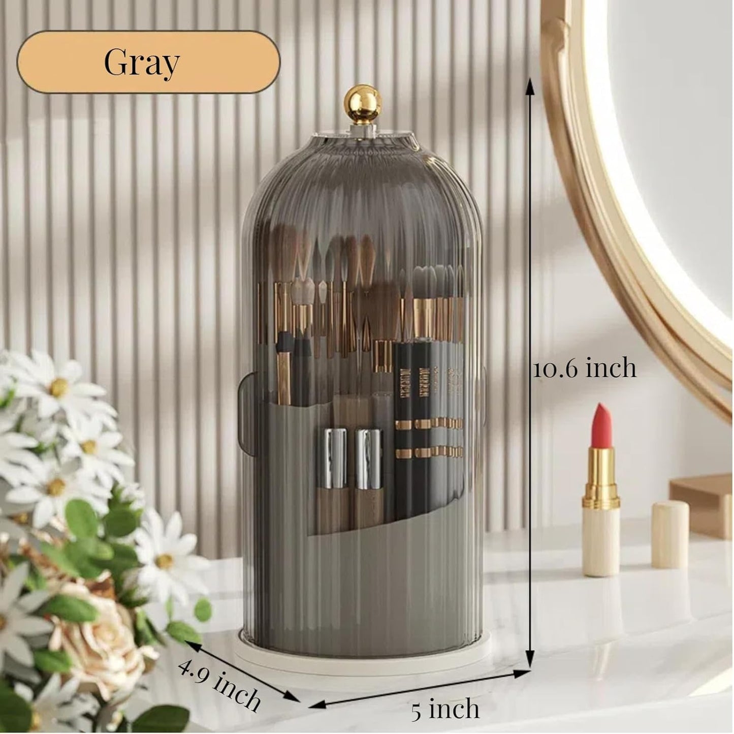 B-H1 Makeup Brush Holder with Dustproof Cover 360 Rotating Makeup Brushes Organizer for Vanity Desktop Bathroom (Gray)-BrightBean Baby