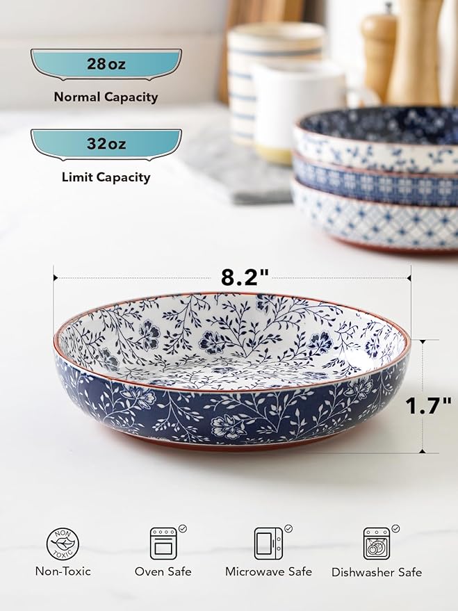 LE TAUCI Pasta Bowl 32 oz, Salad Bowl Serving Plate Bowls, Housewarming Wedding Present, Japanese-Style Ceramic Bowls for Pasta, Fruits, Salad, Noodle, Dinner - 8.2 Inch, Set of 4, Vintage Blue
