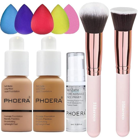 PHOERA Foundation Makeup for Wome Full Coverage Foundation Set,Face Primer Foundation Brush Powder Brush,5 Makeup Sponge,30ml PHOERA 24HR Matte Oil Control Concealer (105 Sand+111 Chestnut)-BrightBean Baby