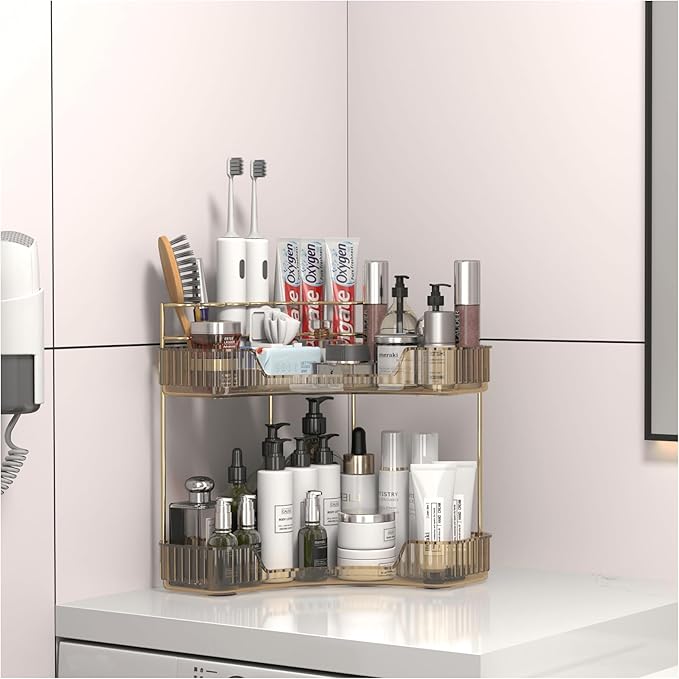 Corner Bathroom Counter Organizer with Top Toothbrush Holders, 2-Tier Make Up Organizers for Vanity with Brush Holder, Corner Storage for Bathroom, Kitchen, Dresser-BrightBean Baby