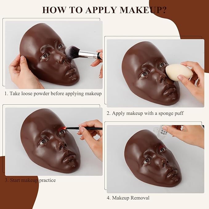 5D Makeup Practice Face Board, Makeup Practice Accessories Set with Face Painting Mannequin Head, Makeup Brushes, Face Painting and 2-in-1 Dual-Ended Eyebrow Pen, Makeup Practice Gift, Dark Brown-BrightBean Baby
