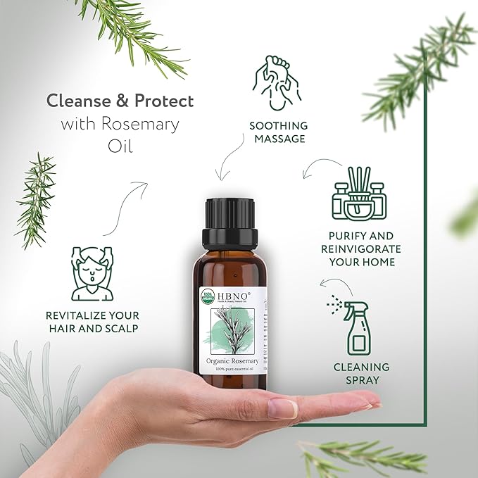 HBNO California Bottled Organic Rosemary Essential Oil 1 fl oz (30ml) - USDA Certified Organic Rosemary Essential Oil for Aromatherapy, Soap Making, DIY, Fragrances, Diffuser-BrightBean Baby