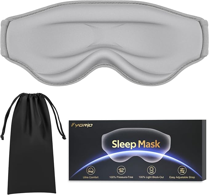 3D Cooling Eye Mask Sleep Mask for Men & Women, 100% Pressure-Free & Light Block-Out Eye Mask for Sleep with Easy Adjustable Strap, Night Eye Cover for Travel, Grey-BrightBean Baby