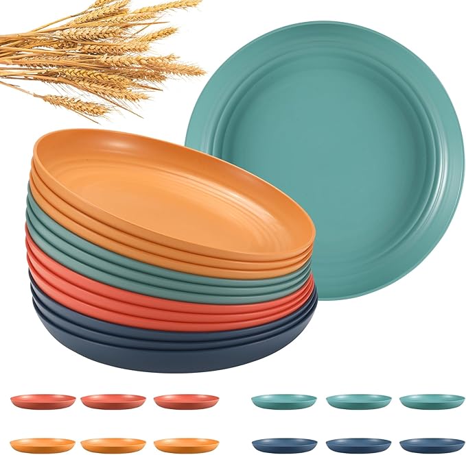 12 Pcs Unbreakable Deep Dinner Plates Set, 9 inch Reusable Plastic Wheat Straw Plates, Microwave and Dishwasher Safe Plate for Kitchen, Lightweight Plate for Dessert, BPA Free, 4 Colors