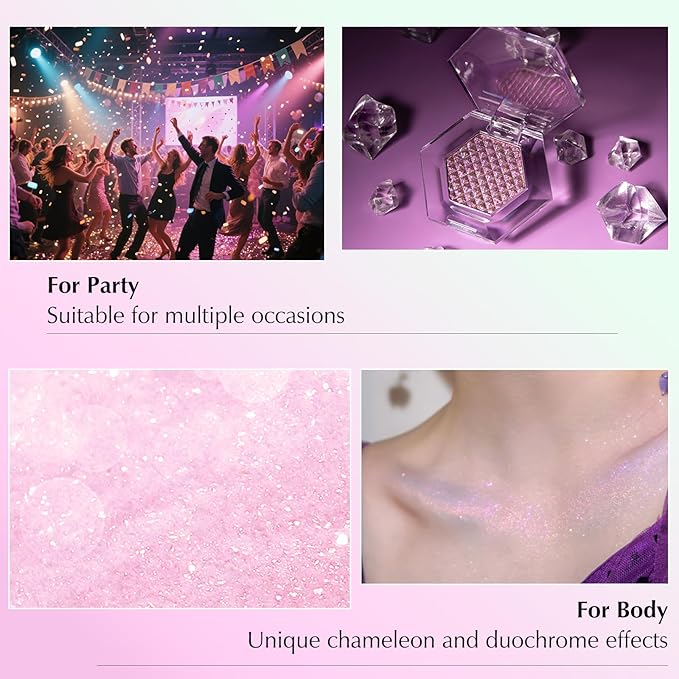 Pink Glitter Eyeshadow Palette, Multichrome Chameleon Cream to Powder Eye Shadow, Color Shifting Holographic Eyeshadow Shimmer Inner Corner Eye Brightener Highlighter Makeup-BrightBean Baby