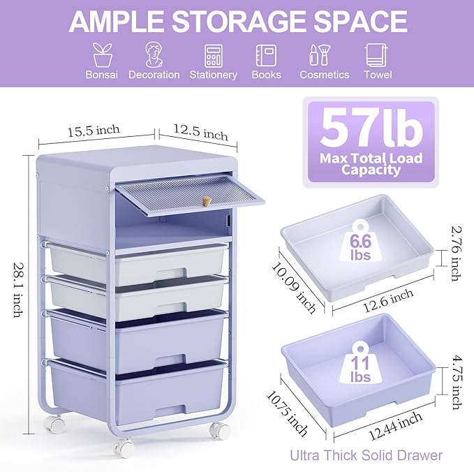 Utility-Rolling-Storage-Drawer-Craft-Cart-Organizers with 4 Drawers & Dust-Proof Door for Kid Craft Art Room,Bedroom,Home Office, Lavender Purple-BrightBean Baby