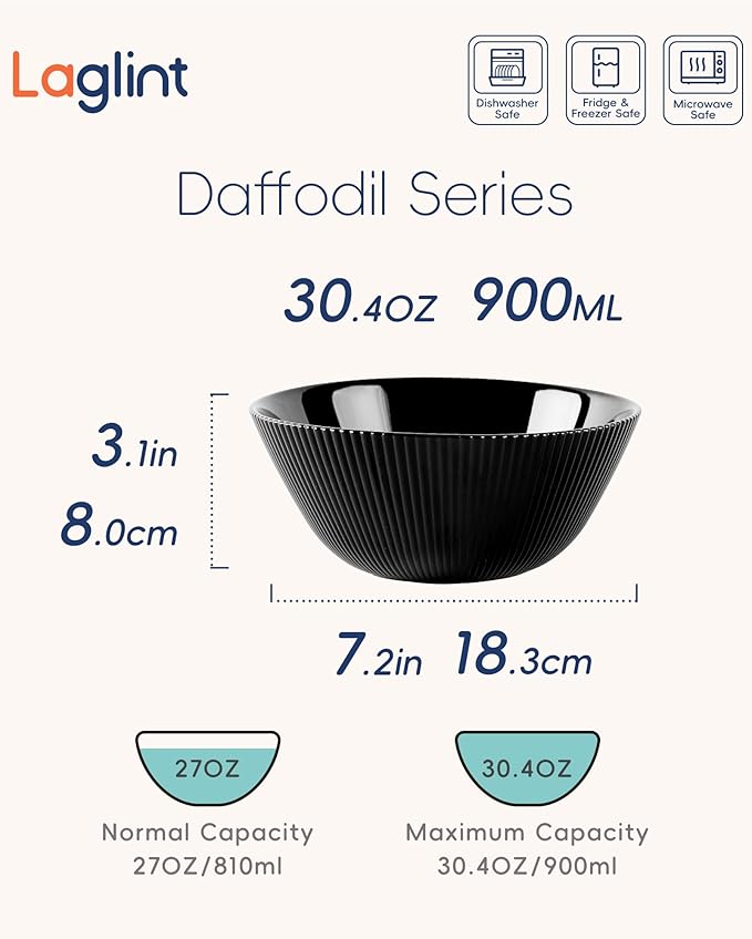 30 OZ Max Cereal Soup Bowl Set of 6, Opal Glass 7.2 inch Black Ribbed Bowls for Ramen, Noodle, Salad, Fruit, Dishwasher and Microwave Safe