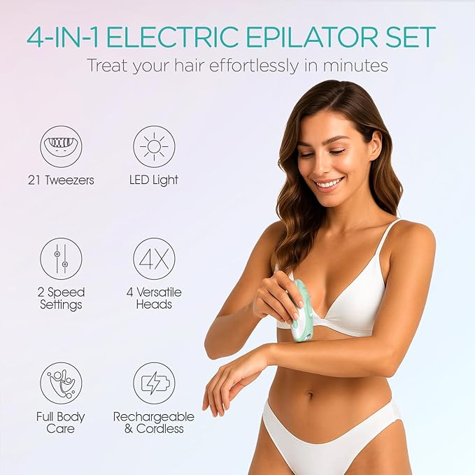 Epilator for Women-Cordless Epilators Hair Removal for Women, 4-in-1 Electric Razor Hair Remover, 2 Speeds & 21 Tweezers for Face Legs Arms Armpit Bikini, Green HR310-BrightBean Baby