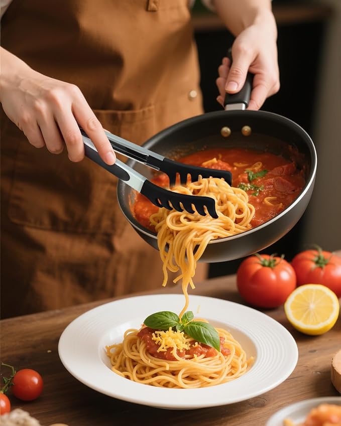 Spaghetti Spoon and Pasta Tong with Non-Slip Silicone Teeth, Food Clip for Spaghetti Noodle, Heat Resistant Kitchen Utensils with Storage Holes, Dishwasher Safe
