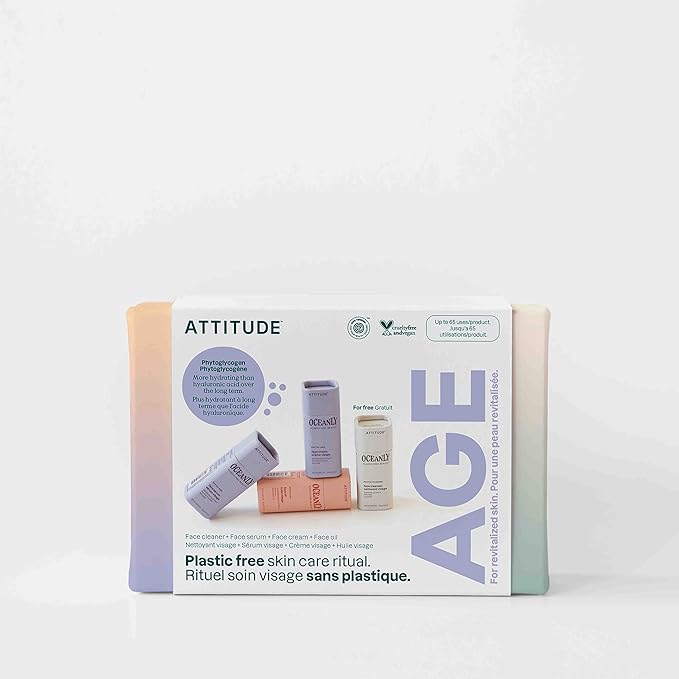 ATTITUDE Oceanly Aging Skin Daily Facial Care Routine Box Set, EWG Verified, Plastic-free, Plant and Mineral-Based Ingredients, Vegan and Cruelty-free, PHYTO AGE, Set of 4 Travel Size Bars-BrightBean Baby