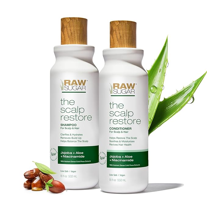 Raw Sugar Scalp Restore Hair Care Bundle, Shampoo and Conditioner Set with Jojoba, Aloe and Niacinamide, Formulated without Sulfates + Parabens-BrightBean Baby