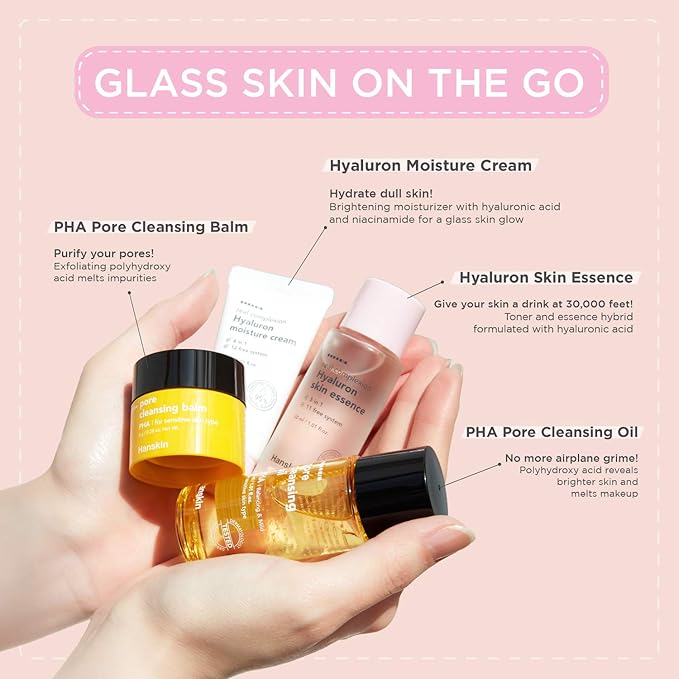 Hanskin Glass Skin On The Go Kit, Travel Friendly Hydrating Skincare Set for Glowing Skin, Cleansers, Skin Essence Toner and Moisturizer, Korean Skin Care [Set of 4 / 30 ml each]-BrightBean Baby