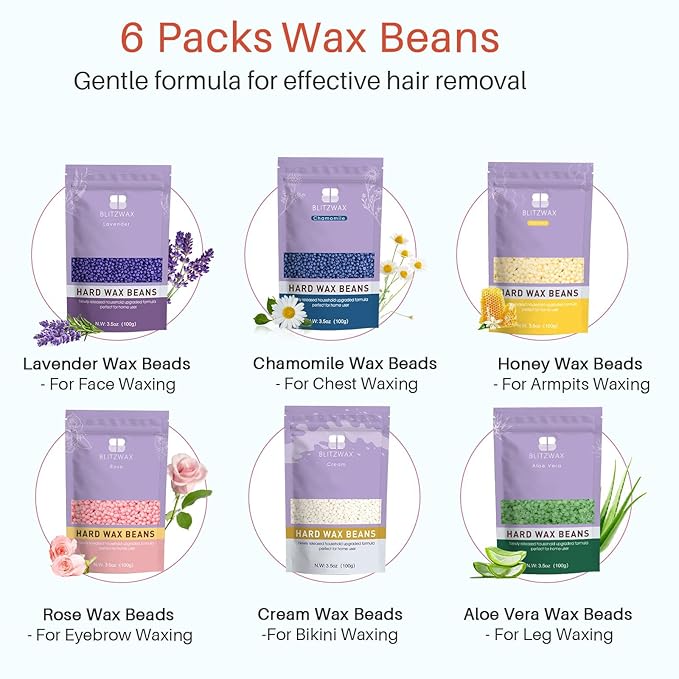 BLITZWAX Brazilian and Bikini Waxing Kit for Women, Hard Wax Warmer for Face, Legs and Body, At Home Hair Removal Kit, Beginner Friendly, Effective on Coarse Hair, Pool Swirl Design-BrightBean Baby