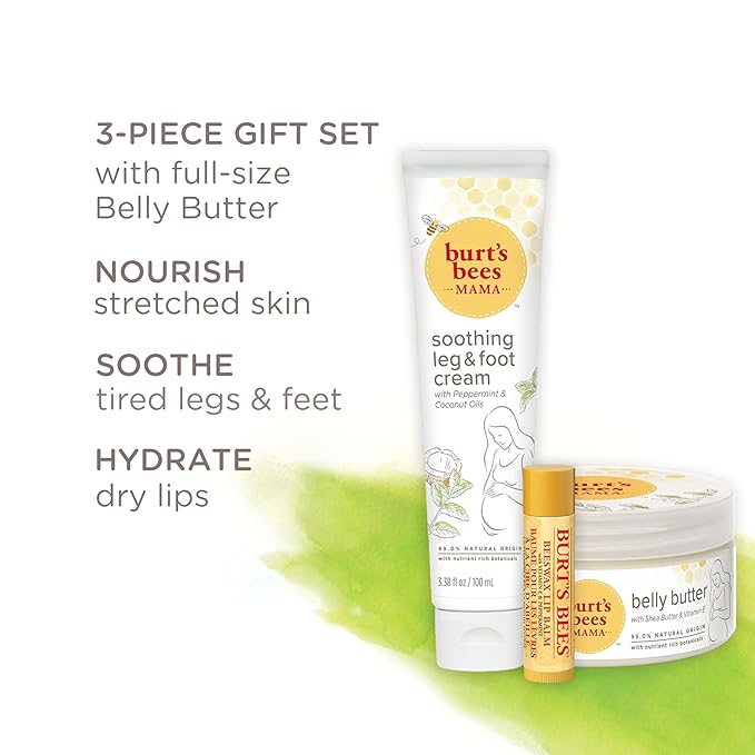 Burt's Bees Pregnancy Essentials Gifts Set, 3 Giftable Baby Shower Products & Must Have Baby Registry Items, Nourishing Skincare - Mama Belly Butter, Original Lip Balm, Leg & Foot Cream-BrightBean Baby