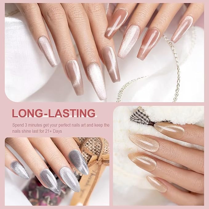 RARJSM Cat Eye Gel Nail Polish Set Silver Glitter Nude Purple Pink Red Champagne Gold Brown 6 Colors 9D Galaxy Velvet Ice Jelly Gel Polish with Magnet Stick UV LED Curing Requires Soak Off Home Salon-BrightBean Baby