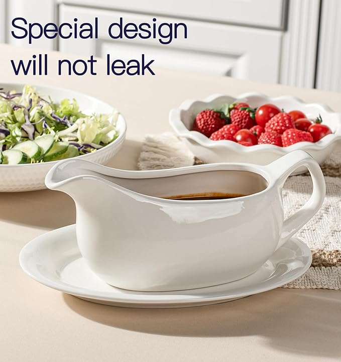 Gravy Boat with Saucer 19 oz,Ceramic Gravy Boats with Tray Set of 2, Gravy Bowl for Turkey,Dispenser with Tray for Sauces,Beef, Salad Dressing, Creamer, Broth,Microwave and Dishwasher Safe Gravy Boats