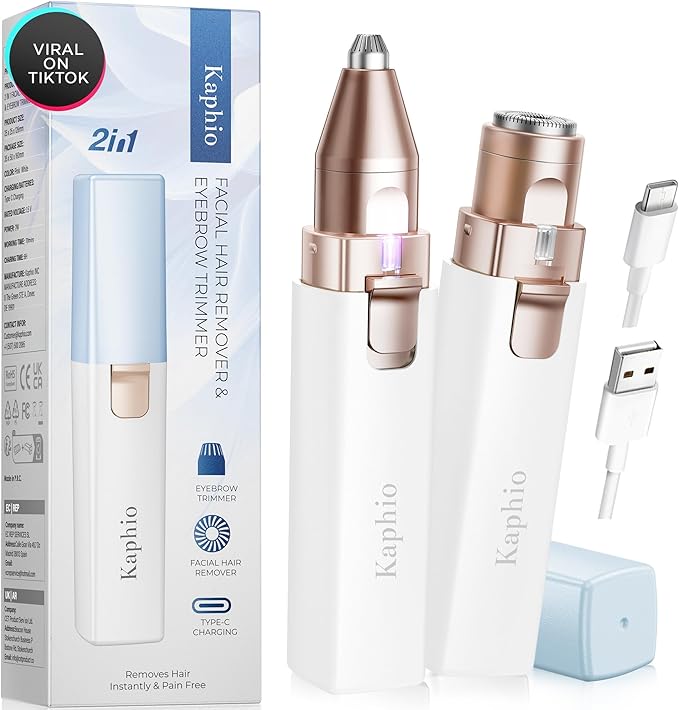 Facial Hair Removal for Women: 2 in 1 Electric Hair Removal Device for Chin Upper Lip Peach Fuzz & Rechargeable Eyebrow Trimmer for Shape Brows with Light (Blue)-BrightBean Baby