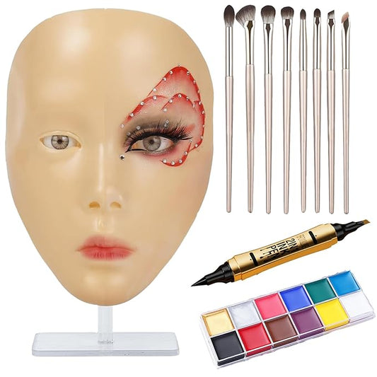Makeup Practice Face, Eye Makeup Practice Head Silicone, Makeup Practice Accessories Set with Face Painting Mannequin Head, Makeup Brushes, Face Painting and Eyebrow Pen, Makeup Practice Gift, Yellow-BrightBean Baby