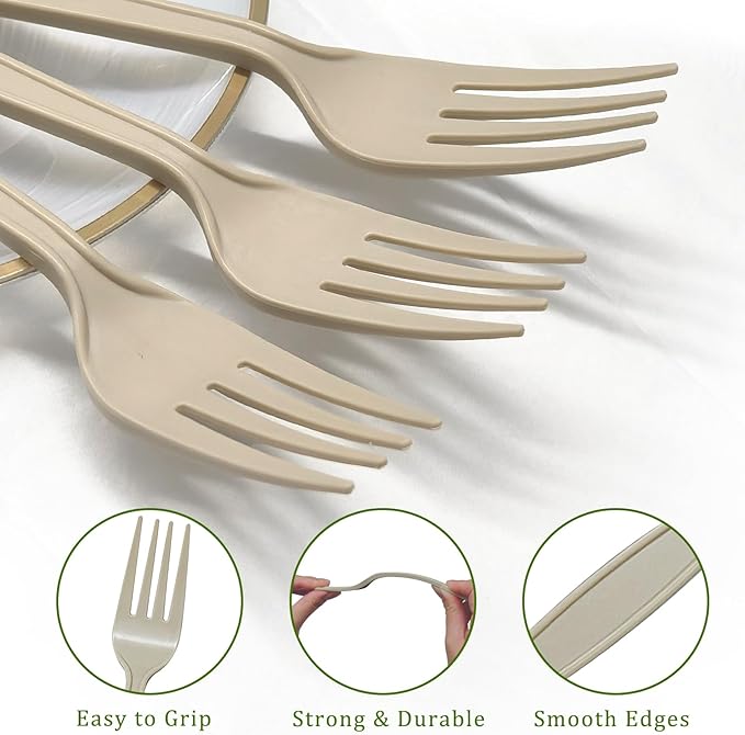 300 Count Compostable Forks, Light Brown Disposable Forks, Heavy Duty No Plastic Silverware, Compostable Utensils for Party, Eco Friendly & Heat Resistant