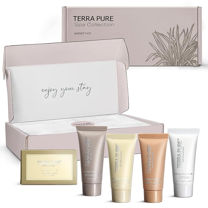 Terra Pure Spa Collection Amenity Kit | Hotel Toiletries | Bulk Set 0.85 oz Travel Size Shampoo,Conditioner, Lotion, Body Wash & Massage Bar for Guest Hospitality AirBnB/Vacation Rentals |1 set/ case-BrightBean Baby