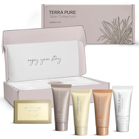 Terra Pure Spa Collection Amenity Kit | Hotel Toiletries | Bulk Set 0.85 oz Travel Size Shampoo,Conditioner, Lotion, Body Wash & Massage Bar for Guest Hospitality AirBnB/Vacation Rentals |1 set/ case-BrightBean Baby