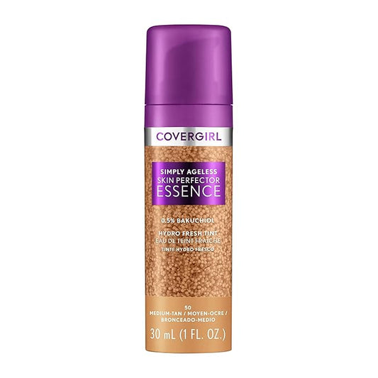 Covergirl Simply Ageless Skin Perfector Essence Foundation, 50 Medium-Tan, Tinted Skin Perfector, Skincare Makeup Hybrid, Sheer Tint, Radiant Finish, Skin-Like Finish, Vegan Formula, 1.0oz-BrightBean Baby