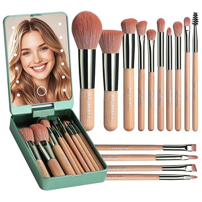 BS-MALL Travel Makeup Brush Set Foundation Powder Concealers Eye Shadows Makeup Set with LED light Mirror 14 Pcs (Green)-BrightBean Baby