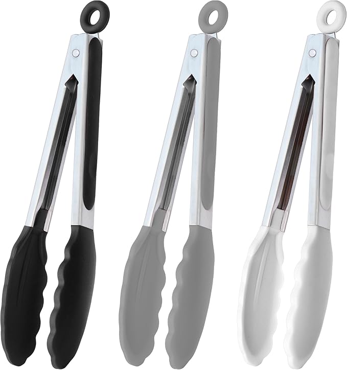 9-Inch Serving Tongs Silicone Tongs, Set of 3 (Black White Gray)