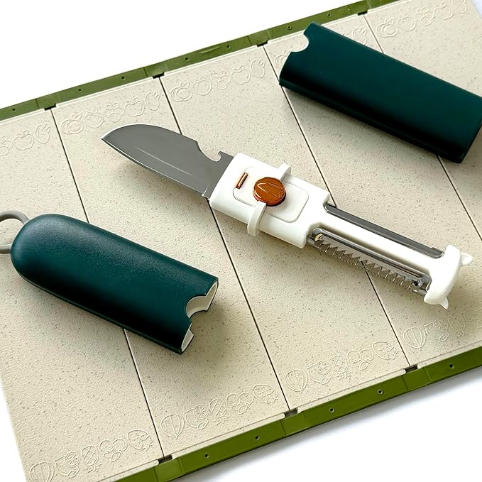5-in-1 Small Cutting Board Set，Multifunctional Travel Stainless Steel Fruit Knife with cover，Outdoor Portable Peeling Fruit Potato Peeler for Travel, Camping, Kitchen (green)