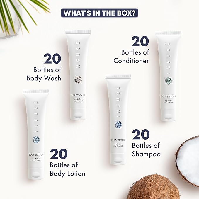 Infuse White Tea & Coconut Hotel Toiletries Bulk Set | 1-Shoppe Amenities Kit | 1oz Shampoo & Conditioner, Body Wash, Lotion | Travel Size | 80 Pieces-BrightBean Baby