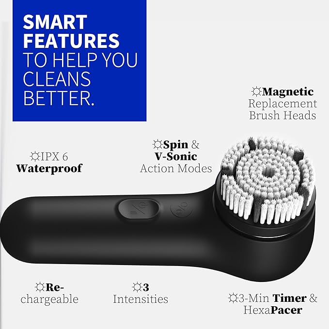 Premium Face Scrubber, Deep Pore Cleansing Brush, Waterproof & Rechargeable Face Scrub Brush for Men& Women, Electric Facial Exfoliator with 3 brushes, 3 Intensities, 2 Modes with Eye Rollor- Charcoal-BrightBean Baby