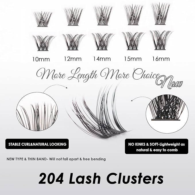 Lash Clusters 204 Pcs Individual Lashes Clusters Eyelash Extensions False Eyelashes DIY Lash Extension Kit Reusable False Eyelashes Natural Look Mix 10-16mm C D Curl(DM01+DM17)-BrightBean Baby