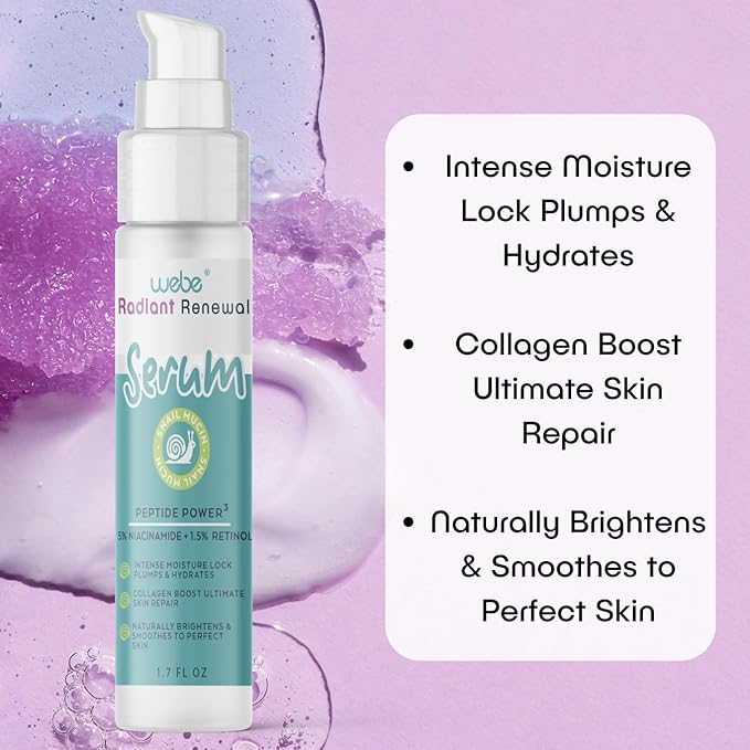 WEBE Naturals Snail Mucin Retinol 1.5% Radiant Renewal Serum | Niacinamide 5%, Vitamin C, Peptide Booster, Hyaluronic Acid & Zinc PCA | Anti-Aging Plumping Intense Moisture Lock, Glowing Smooth Skin-BrightBean Baby