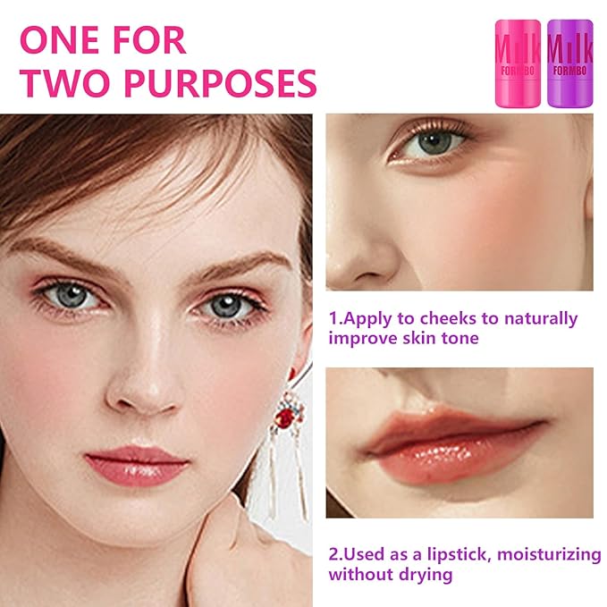 2 Pcs Milk Jelly Blush,Jelly Tint Blush Stick Sheer Lip & Cheek Stain Milk Cooling Water Jelly Tint Long Lasting Face Blushes, Lip Gloss Cheek Solid Moisturizer Stick (03#+04#)-BrightBean Baby