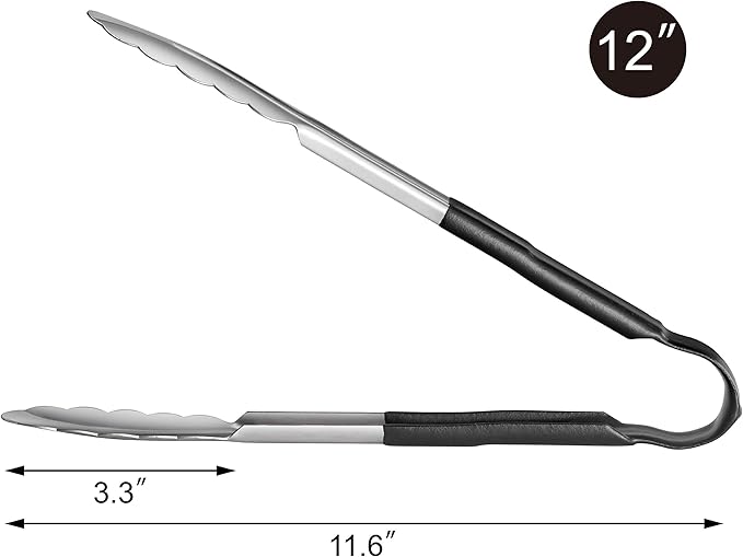 New Star Foodservice 35742 12-Inch Utility Spring Tongs, Stainless Steel, Vinyl Coated, Set of 12, Black