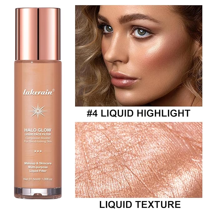 Natural Glow Liquid Filter Makeup, Longwear Face Luminizer, Complexion Booster For Any Part of the Body, Liquid Highlighter with Brush Kit, Infused Hyaluronic Acid, 1.06 fl oz (#04 MEDIUM)-BrightBean Baby