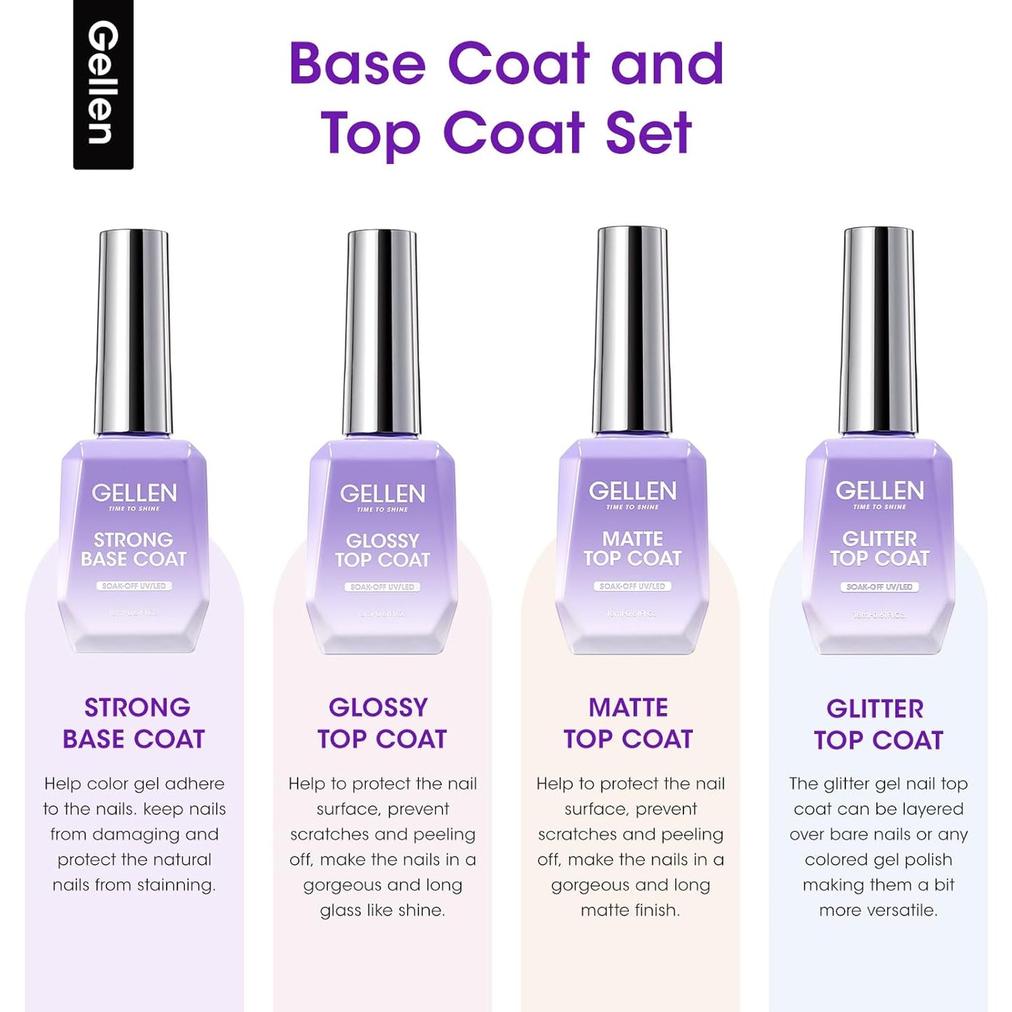 Gellen Gel Top and Base Coat, 4pcs 18ml No Wipe Matte Glossy Glitter Gel Top Coat, Clear UV Base Coat Gel Nail Polish, Soak Off Nail Lamp Gel Base Top Coat Long Lasting Home Gel Manicure-BrightBean Baby