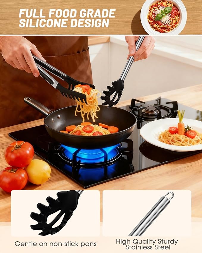 Spaghetti Spoon and Pasta Tong with Grip Teeth and Drain Holes, 2-Piece Non-Stick Silicone Head with Stainless Steel Handle, Heat Resistant Food Grade Utensils for Cooking, Serving, Salad and Noodles