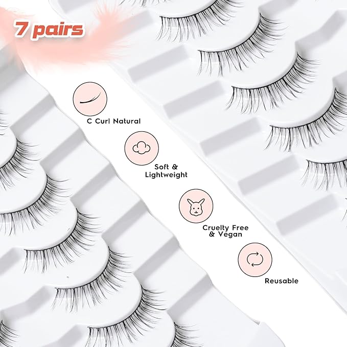 Lashes Short Eyelashes 10MM Natural Lashes Wispy Thin Band Strip Lashes Short Eyelashes Natural Look 3D Volume Lashes 7 Pair Fake Lashes Siligli-BrightBean Baby