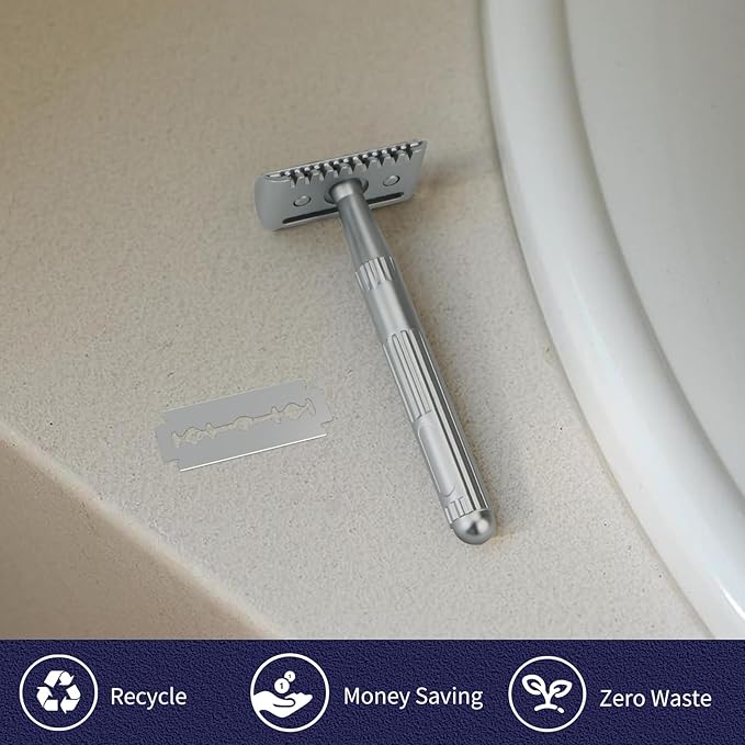 Matte Silver Double Edge Safety Razor, Single Blade Razors for Men and Women, with 10 Stainless Steel Safety Razor Blades, Reusable, Smooth and Close Wet Shaving Kit, Plastic Free-BrightBean Baby